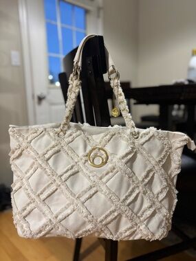 Big Buddha Diamond Pattern Gold Chain/Trim Cotton Blend Shoulder Hand Bag Large